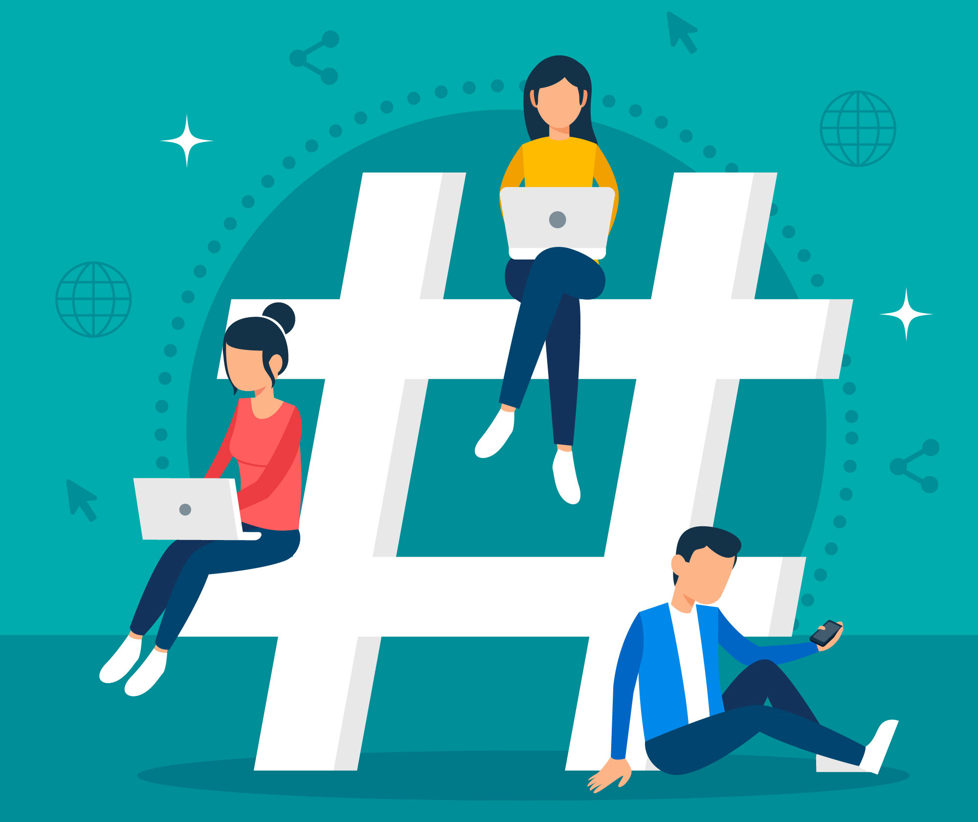 Graphic of people working atop a giant hashtag
