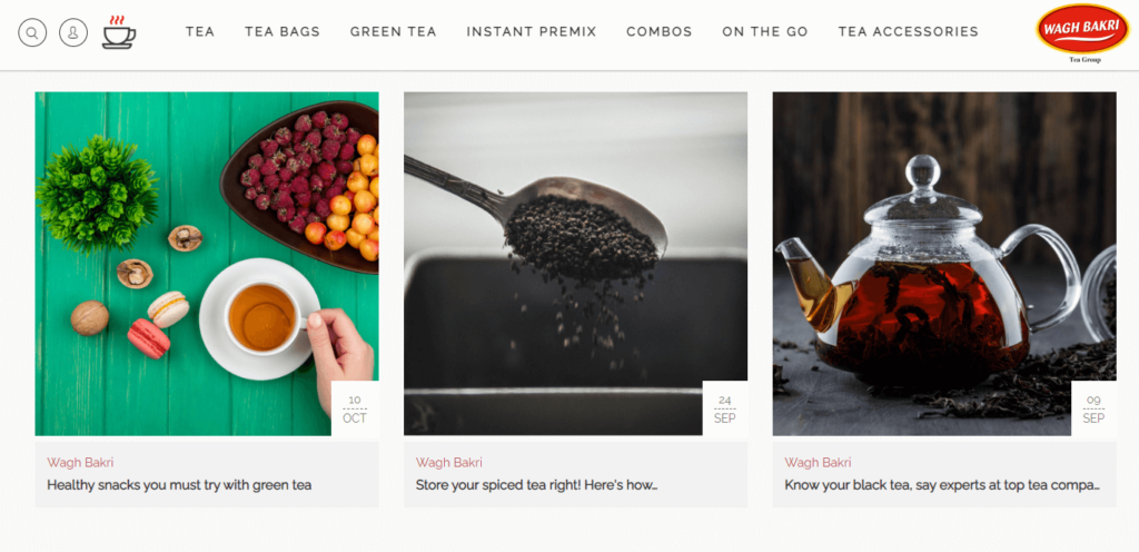 A grid of blogs on a tea brand's website