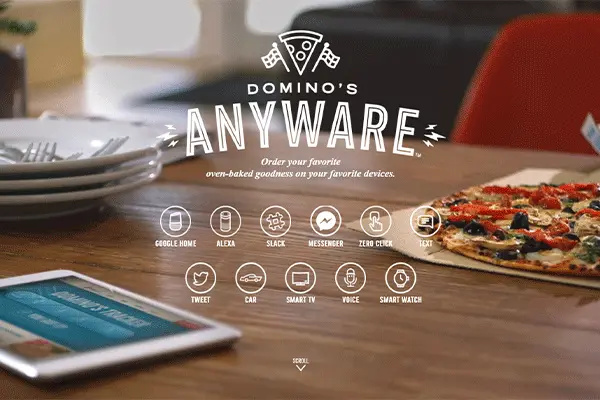 A digital banner of Domino’s Pizza’s AnyWare campaign showing their pizza on a table with icons showing various social media platforms