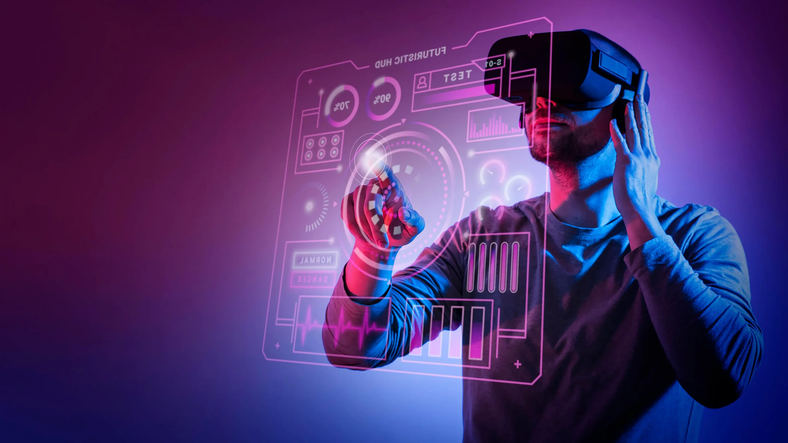 A hyper-realistic image of a man wearing a virtual reality headset operating an air screen with his finger