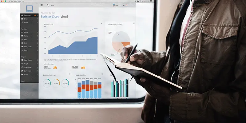 An image of a woman taking notes next to the visual business graphic chart