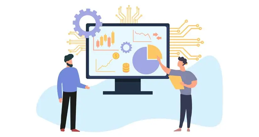 A graphical image showing two people, with one pointing towards a computer screen