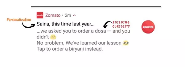 Zomato's example of Personalisation, a top digital marketing trend