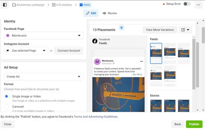 A screengrab of a facebook ad being created of facebook ads for business