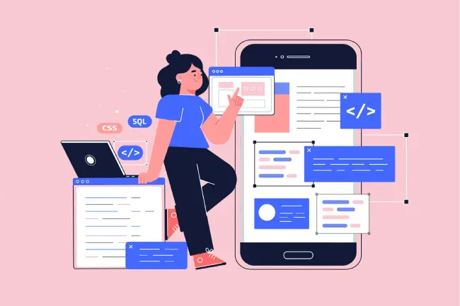 A girl with a laptop and a phone screen