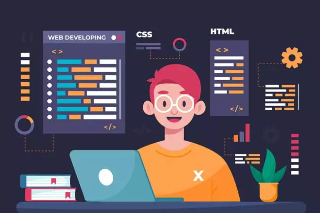 A person with laptop, with texts CSS, HTML and web developing
